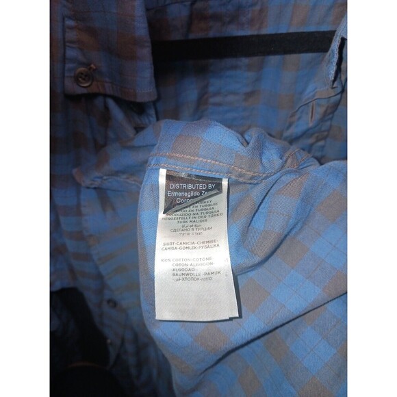 Zegna‎ Sport Mens Large Blue Grey Check Slim Fit Button Down Long Sleeve Cotton - Picture 4 of 8